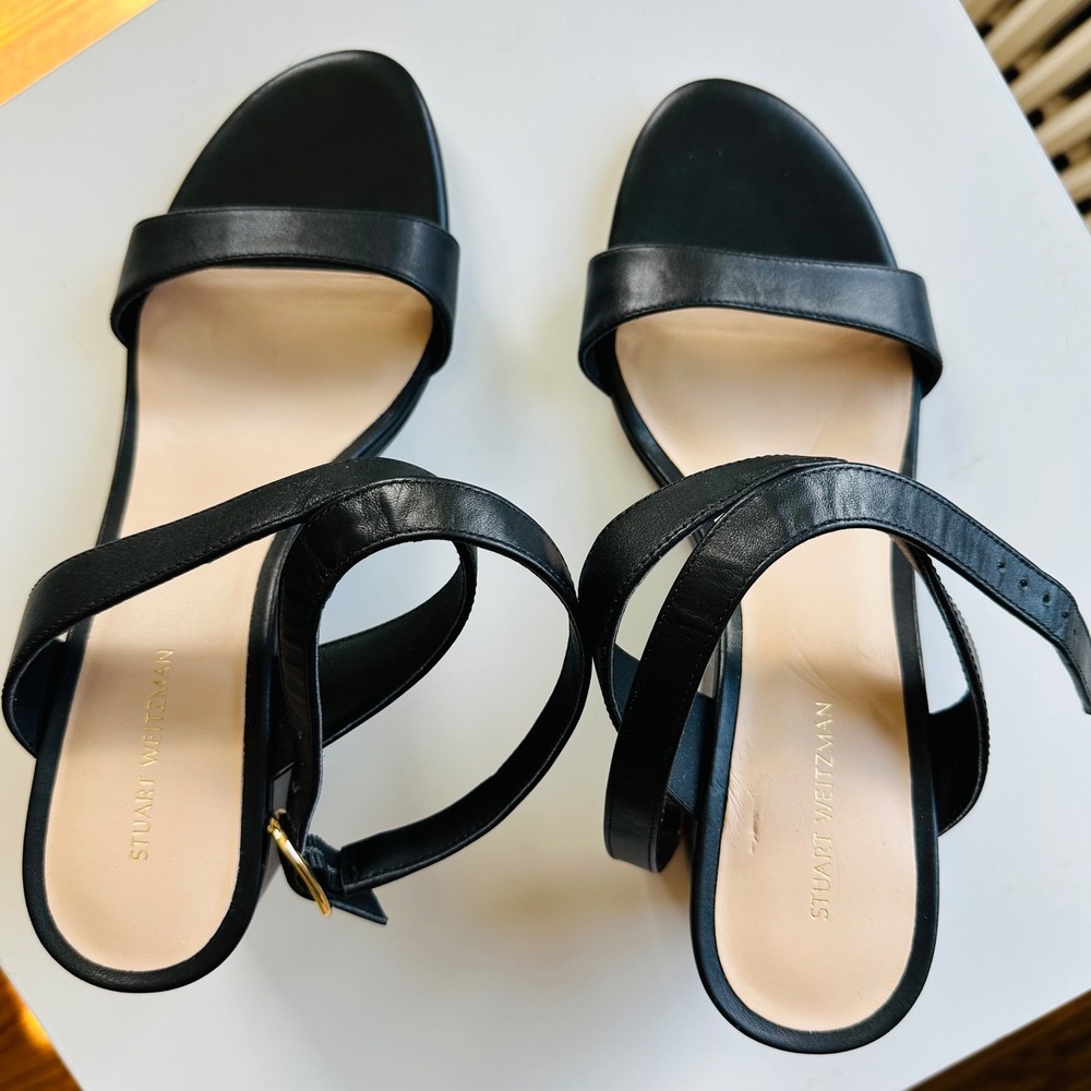 Stuart Weitzman Black Leather Ankle Strap Wedge Sandals SD753 Size 9 - Picture 7 of 7